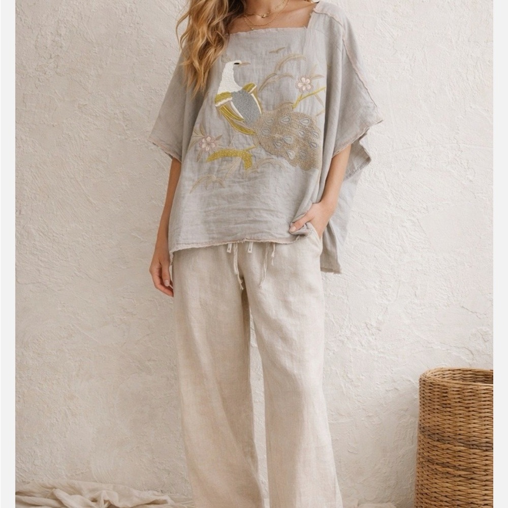 Athena Marie Linen Peacock Embroidered Blouse